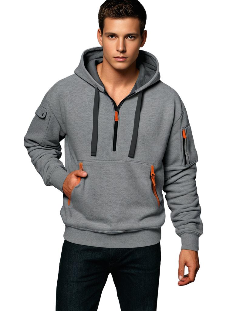 Sweat à capuche homme – Coupe décontractée – Coton léger – Demi-zip – Détails utilitaires
