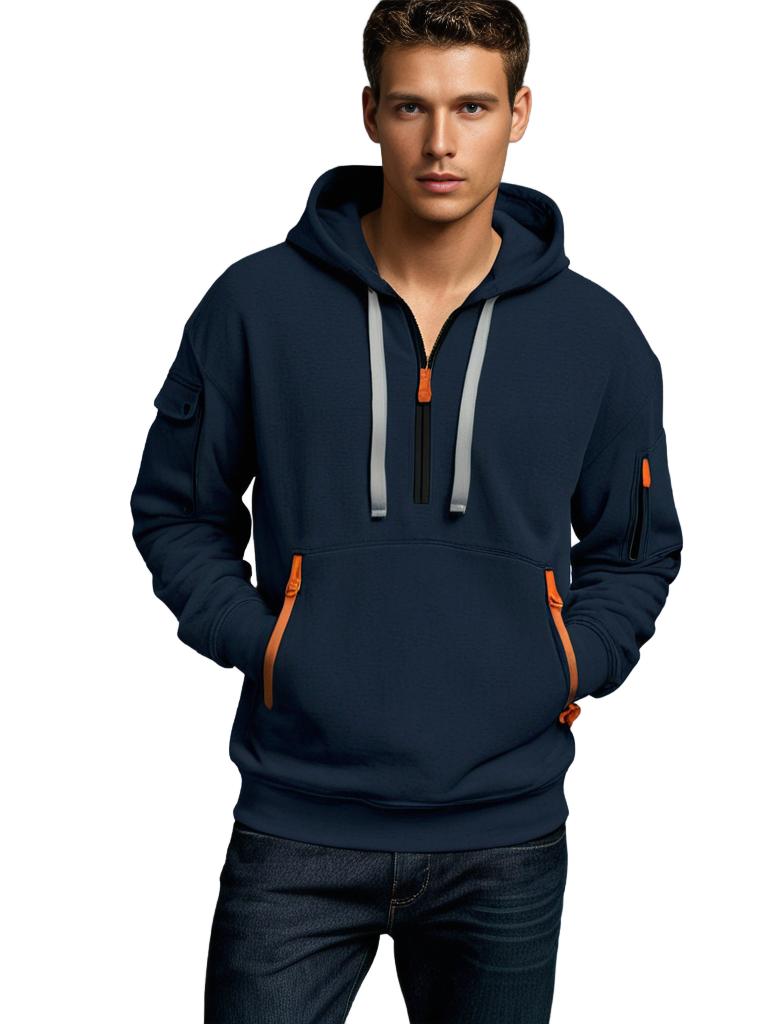 Sweat à capuche homme – Coupe décontractée – Coton léger – Demi-zip – Détails utilitaires