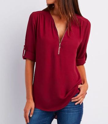 Blouse femme – Coupe ample – Col V zippé – Manches à patte – Tissu fluide respirant
