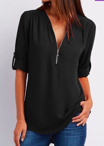 Blouse femme – Coupe ample – Col V zippé – Manches à patte – Tissu fluide respirant