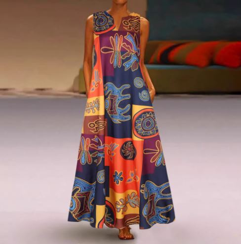 Robe Longue Femme – Sans Manches – Coupe Évasée – Motifs Abstraits – Décolleté Rond