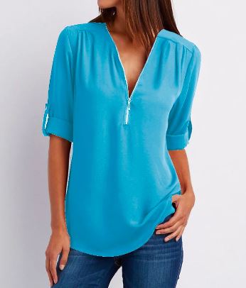 Blouse femme – Coupe ample – Col V zippé – Manches à patte – Tissu fluide respirant