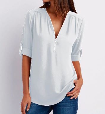 Blouse femme – Coupe ample – Col V zippé – Manches à patte – Tissu fluide respirant