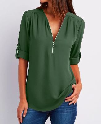 Blouse femme – Coupe ample – Col V zippé – Manches à patte – Tissu fluide respirant