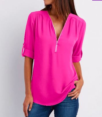 Blouse femme – Coupe ample – Col V zippé – Manches à patte – Tissu fluide respirant