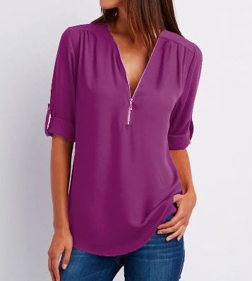 Blouse femme – Coupe ample – Col V zippé – Manches à patte – Tissu fluide respirant