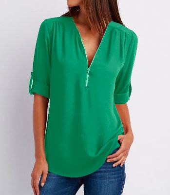 Blouse femme – Coupe ample – Col V zippé – Manches à patte – Tissu fluide respirant