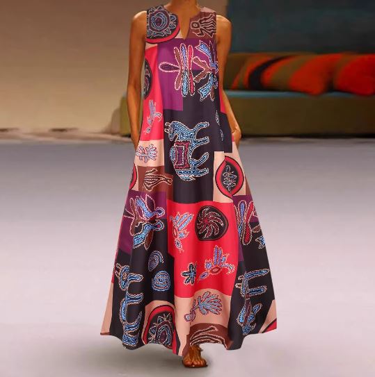 Robe Longue Femme – Sans Manches – Coupe Évasée – Motifs Abstraits – Décolleté Rond