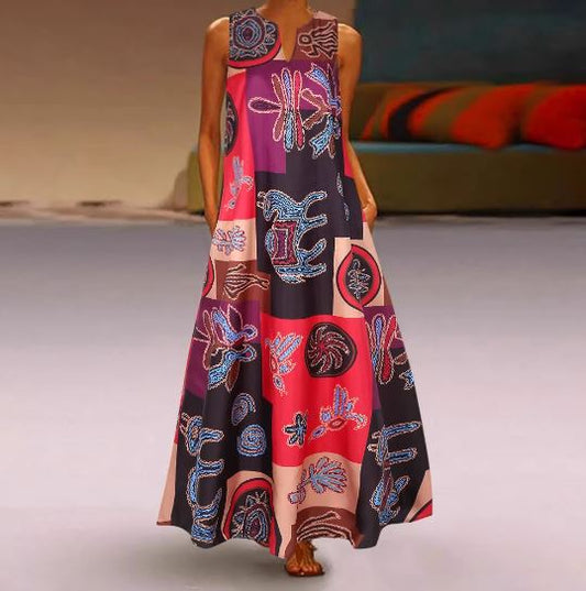 Robe Longue Femme – Sans Manches – Coupe Évasée – Motifs Abstraits – Décolleté Rond