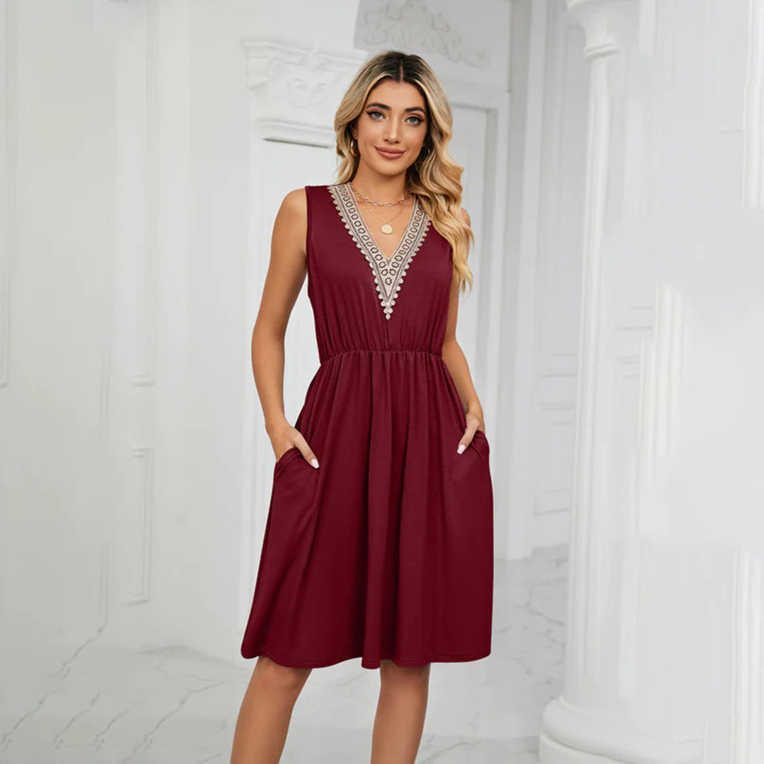 Robe Sans Manches Femme - Col V Détails Élégants - Taille Cintrée - Jupe Fluide Asymétrique