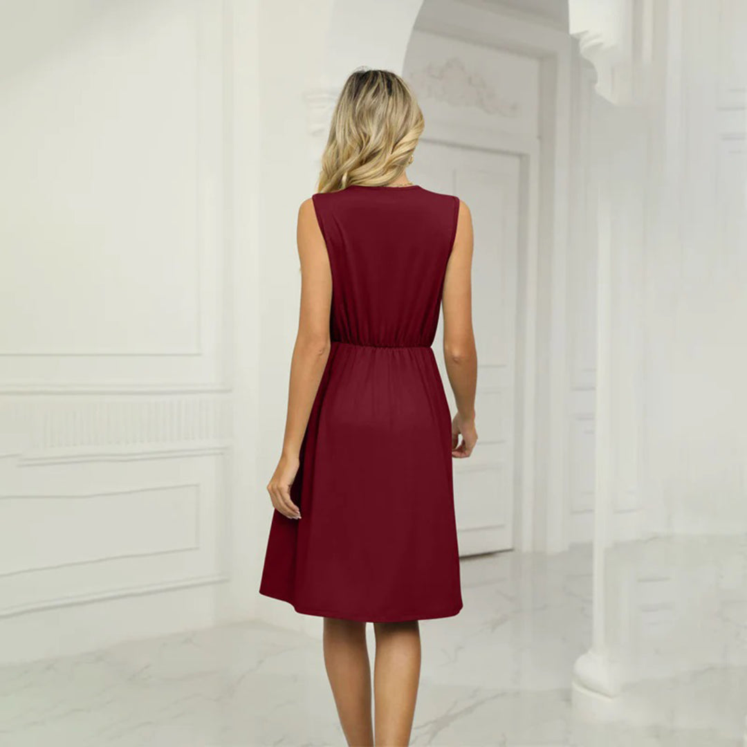 Robe Sans Manches Femme - Col V Détails Élégants - Taille Cintrée - Jupe Fluide Asymétrique