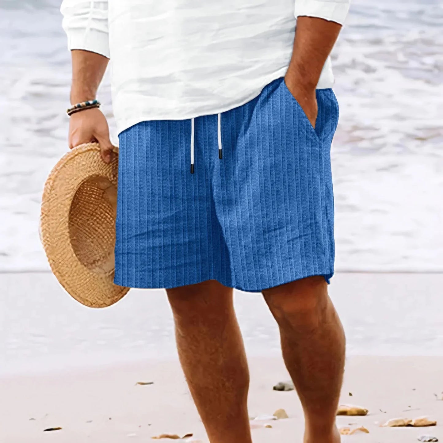 Short homme - Coton respirant - Taille élastique avec cordon - Coupe décontractée - Rayé