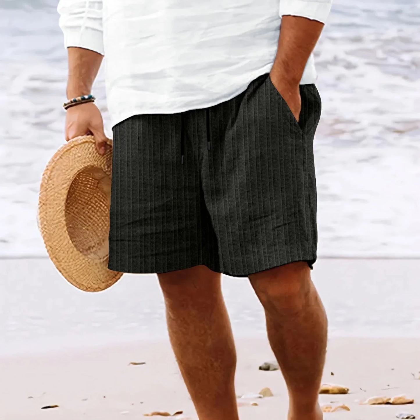Short homme - Coton respirant - Taille élastique avec cordon - Coupe décontractée - Rayé