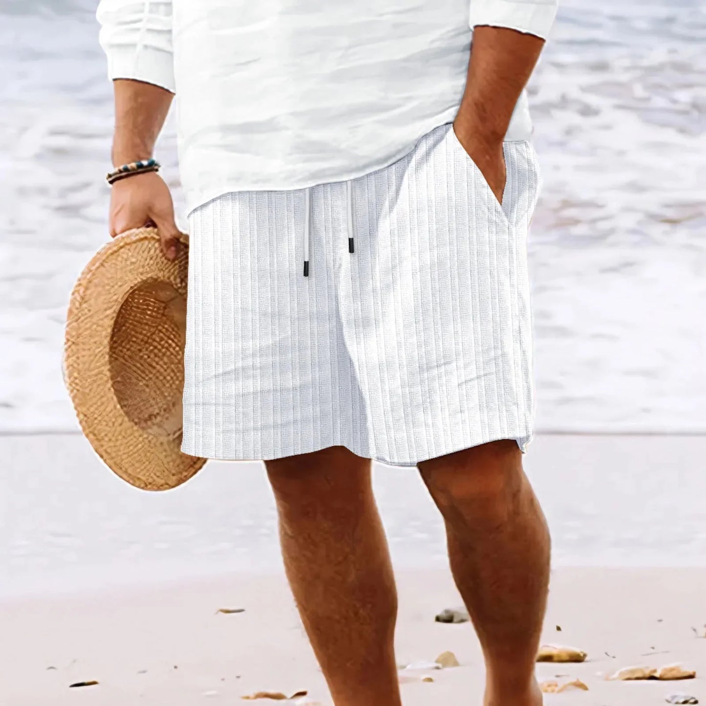 Short homme - Coton respirant - Taille élastique avec cordon - Coupe décontractée - Rayé