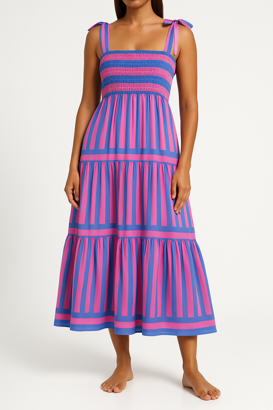 Robe longue femme – Smockée – Bretelles réglables – Jupe à volants – Rayures