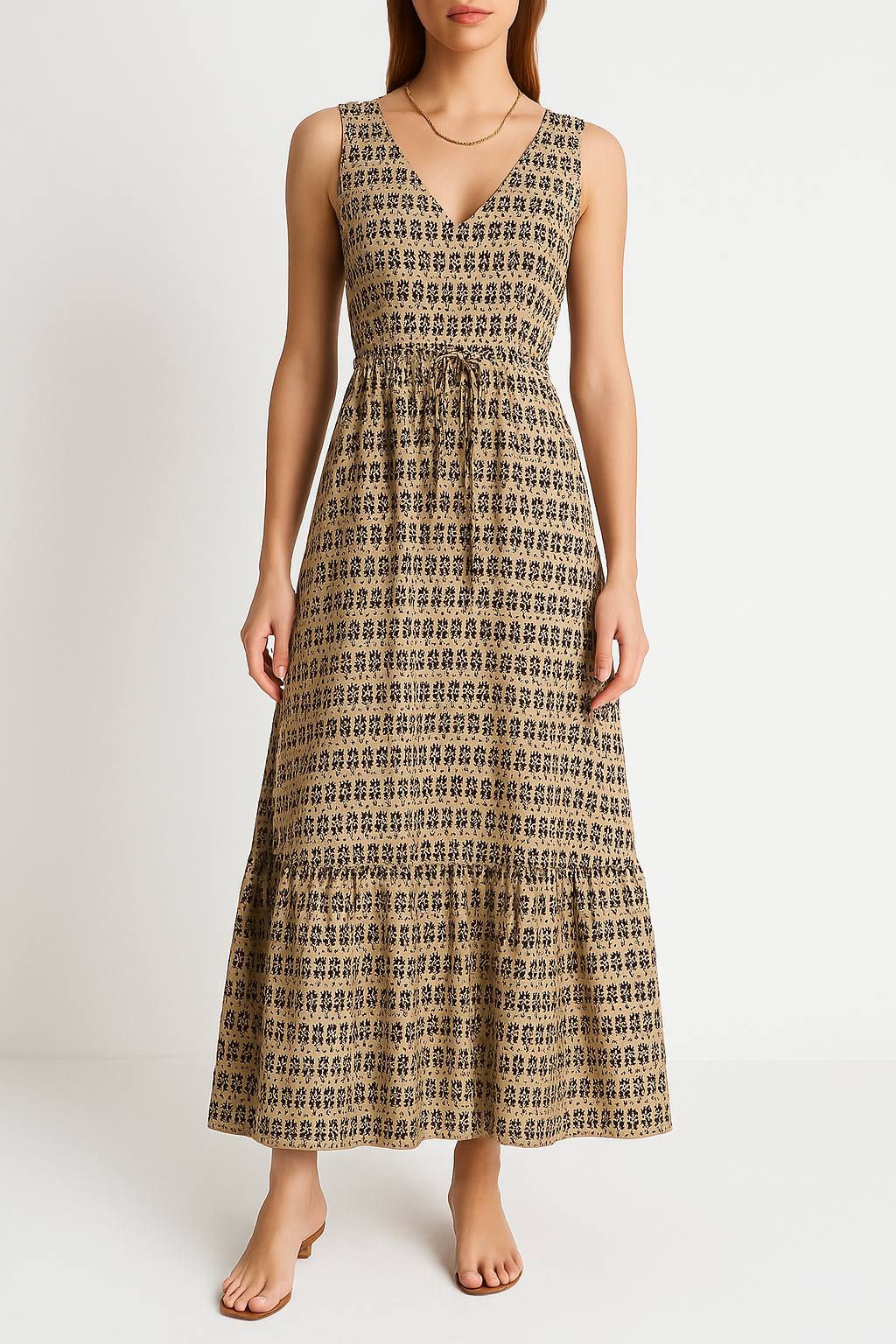 Robe midi sans manches femme – Imprimé bohème – Décolleté en V – Coupe fluide