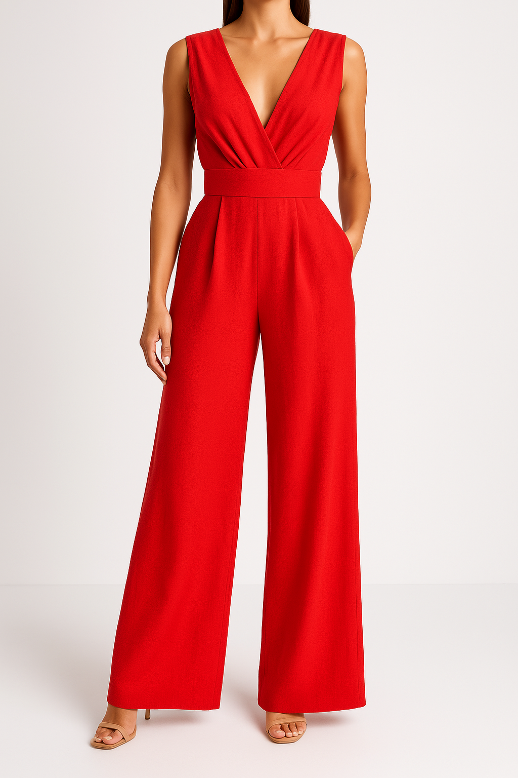Combinaison femme – Sans manches – Taille haute – Jambes larges – Encolure en V