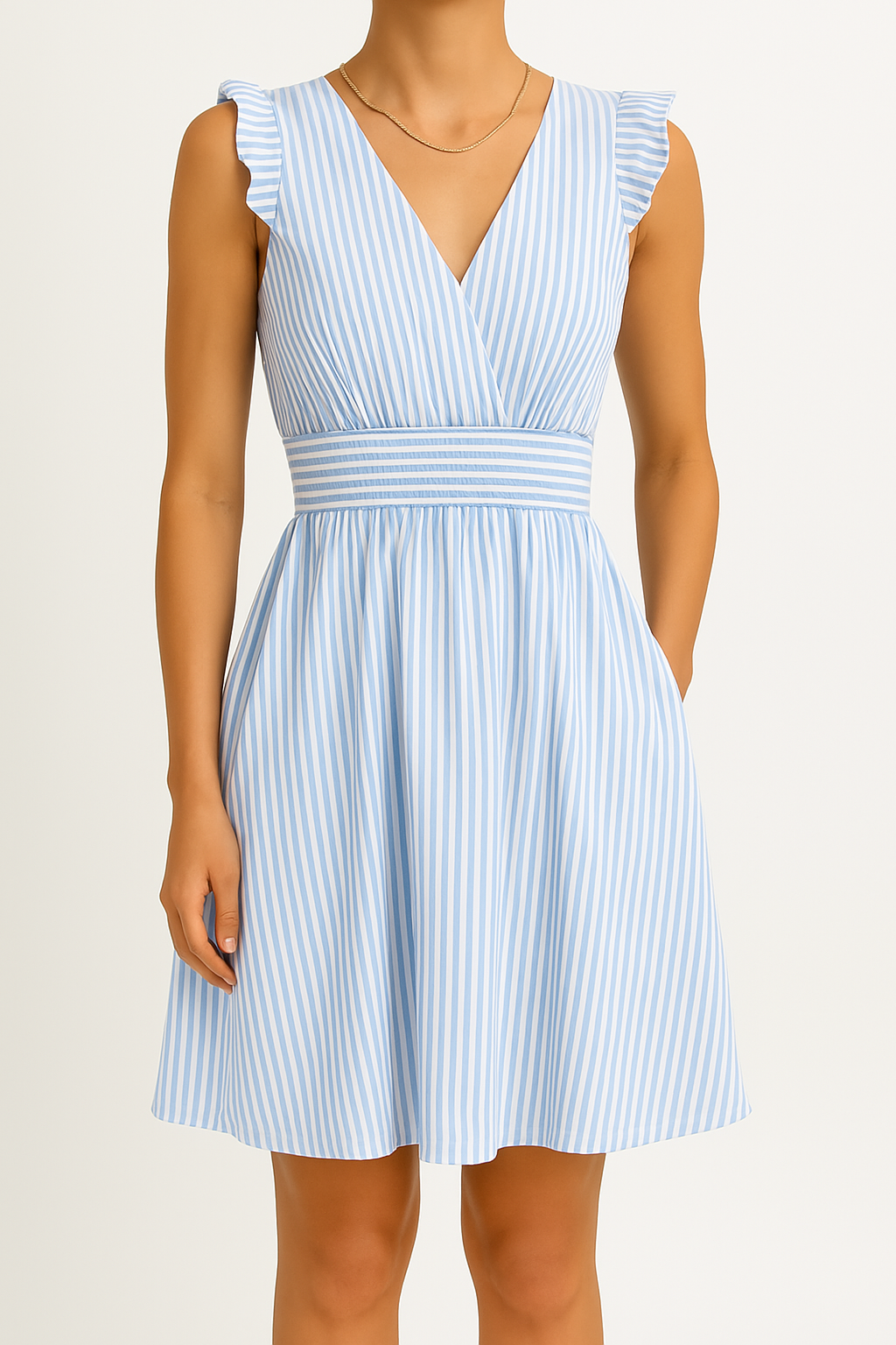 Robe midi femme – Coupe évasée – Col en V – Manches volantées – Taille cintrée