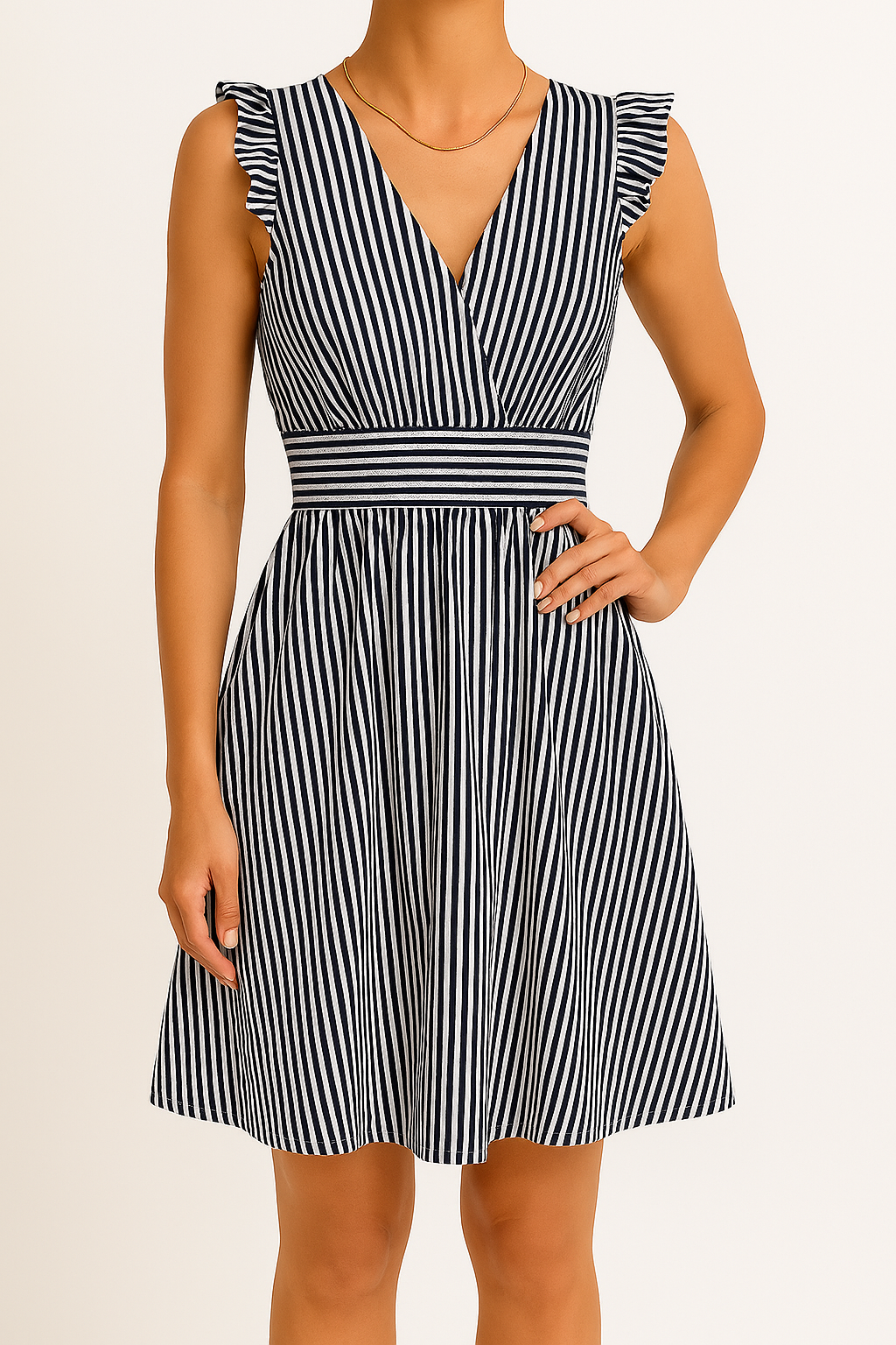 Robe midi femme – Coupe évasée – Col en V – Manches volantées – Taille cintrée