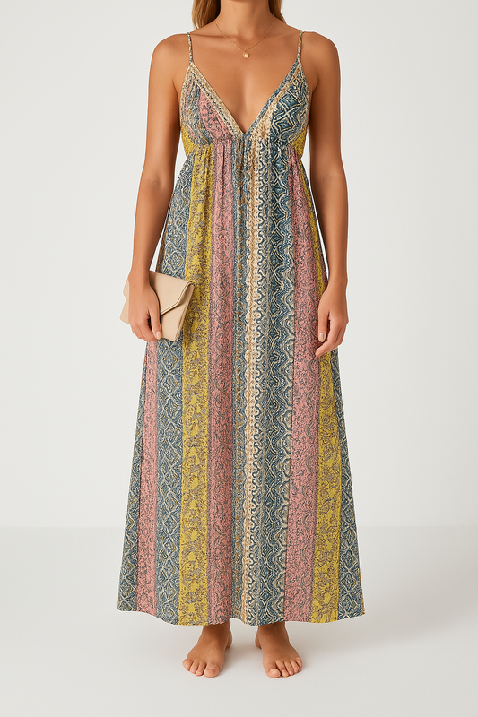 Robe longue femme – Bretelles fines – Dos nu – Coupe ample fluide – Tissu léger respirant