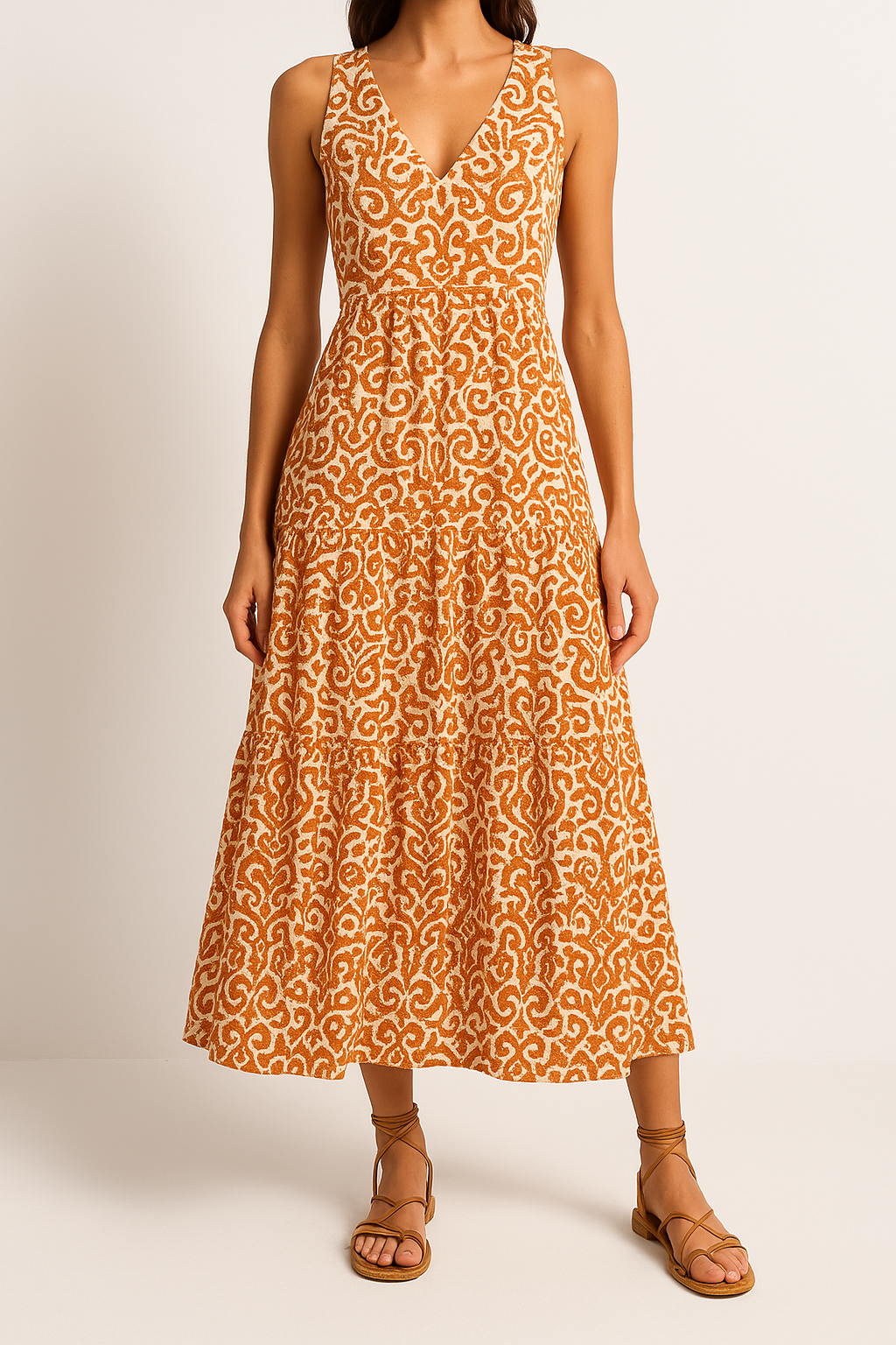Robe midi femme – Sans manches – Encolure en V – Coupe fluide – Imprimé abstrait