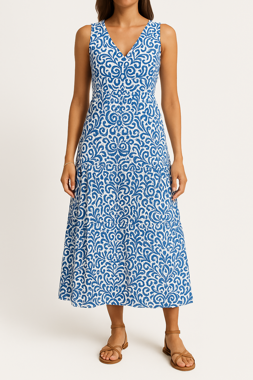 Robe midi femme – Sans manches – Encolure en V – Coupe fluide – Imprimé abstrait