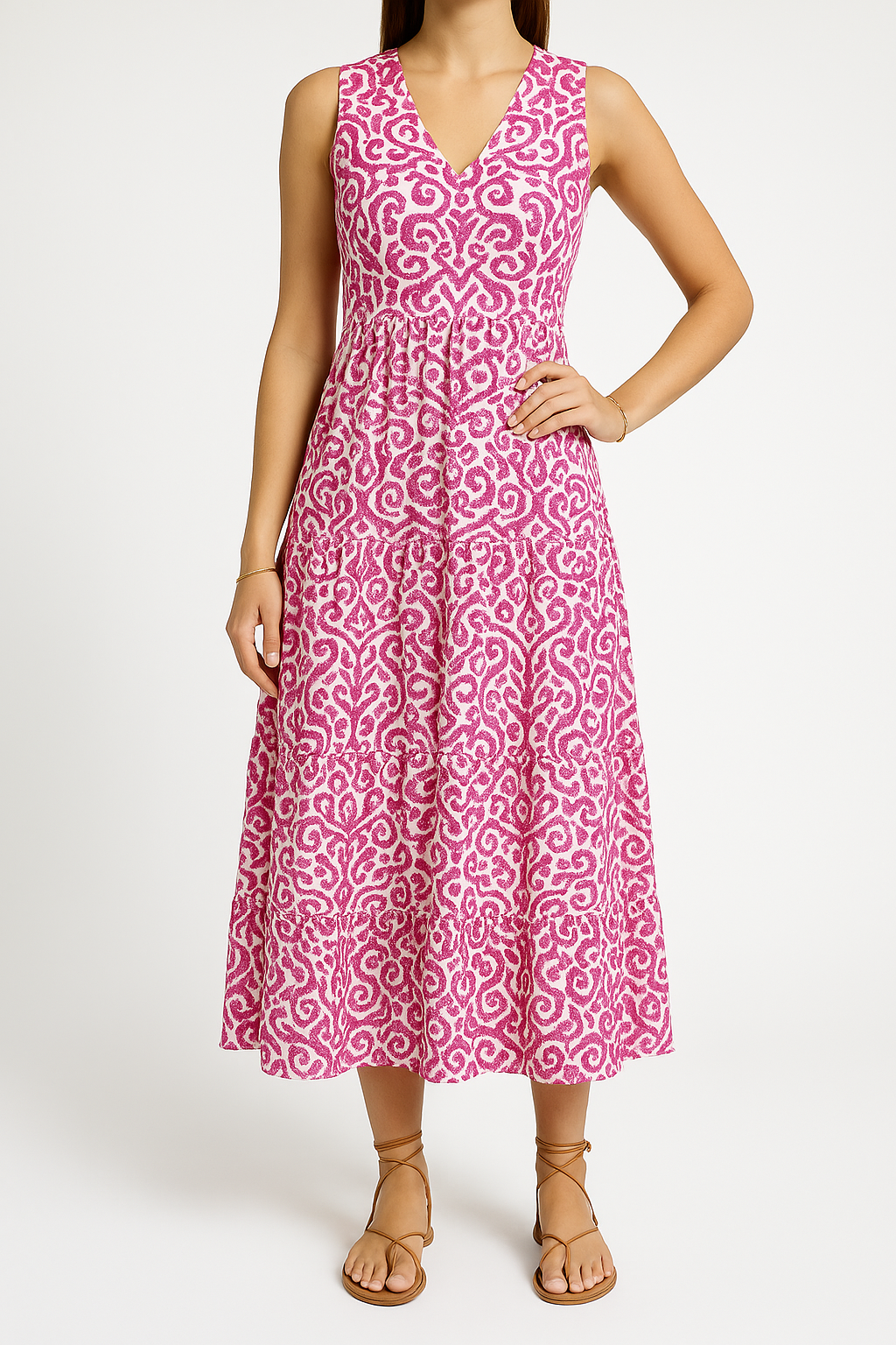 Robe midi femme – Sans manches – Encolure en V – Coupe fluide – Imprimé abstrait