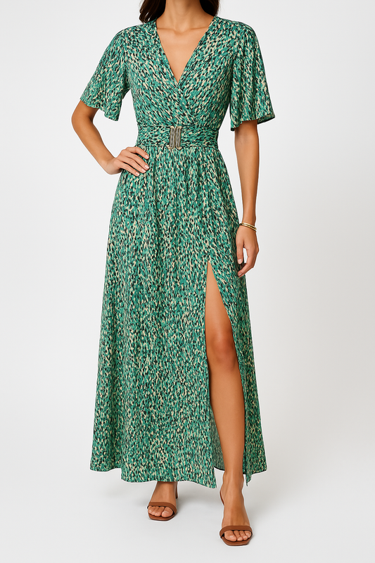 Robe longue femme – Style portefeuille – Ceinture à la taille – Manches courtes fluide