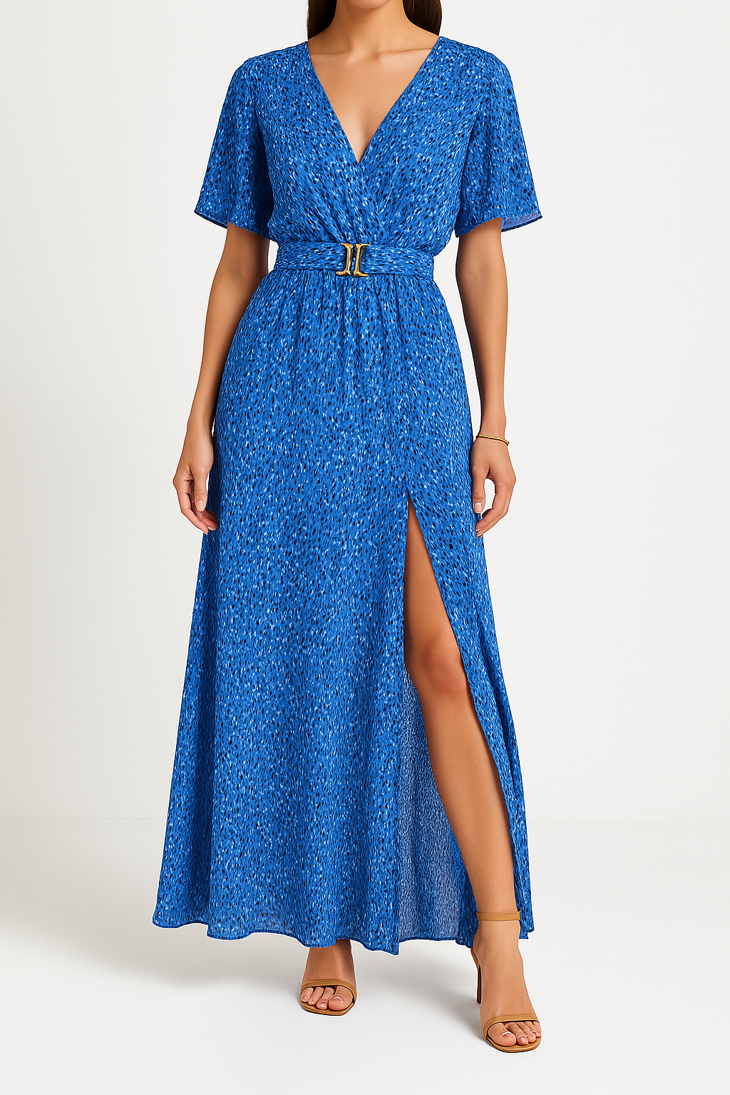 Robe longue femme – Style portefeuille – Ceinture à la taille – Manches courtes fluide