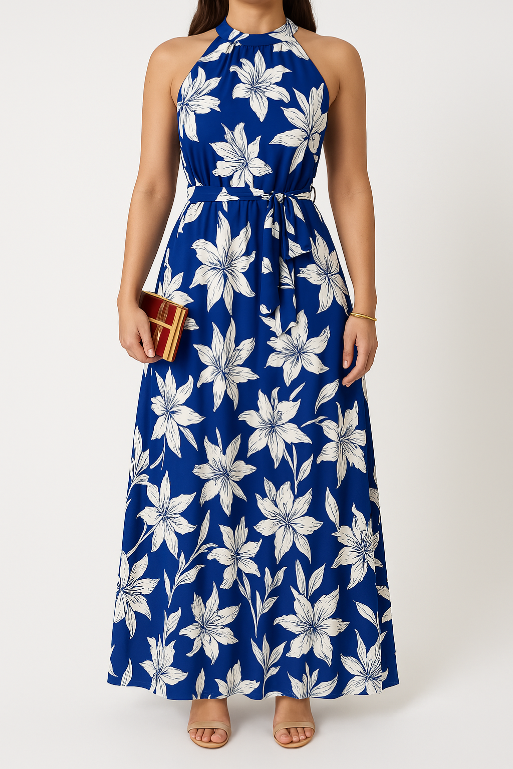 Robe longue femme à col halter – Imprimé floral – Taille ceinturée – Tissu fluide