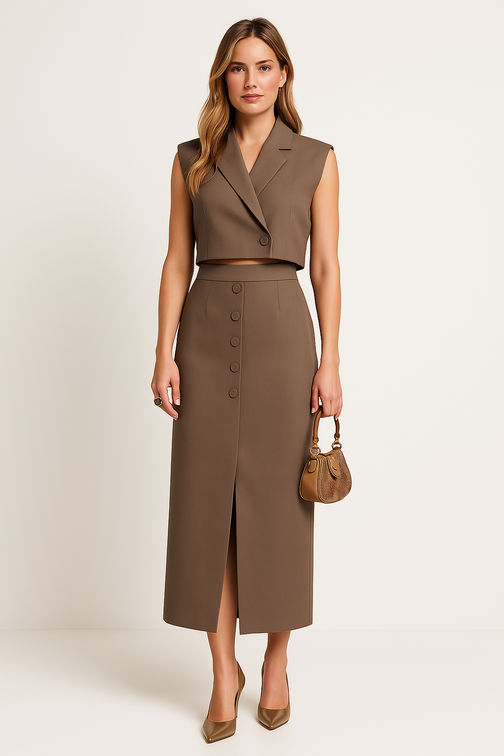 Ensemble Femme – Haut Court Sans Manches à Col Revers – Jupe Fendue Taille Haute