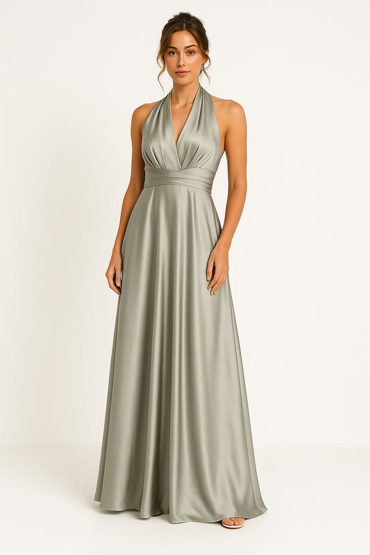 Robe Longue Femme – Satin Luxe – Décolleté Plongeant – Dos Croisé – Coupe Évasée