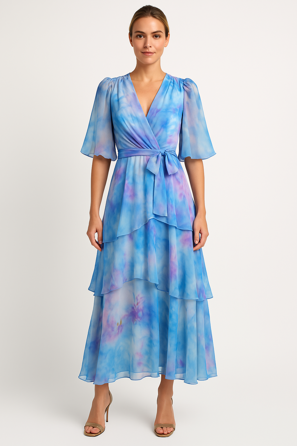 Robe longue femme – Style portefeuille – Mousseline légère – Manches bouffantes – Volants élégants