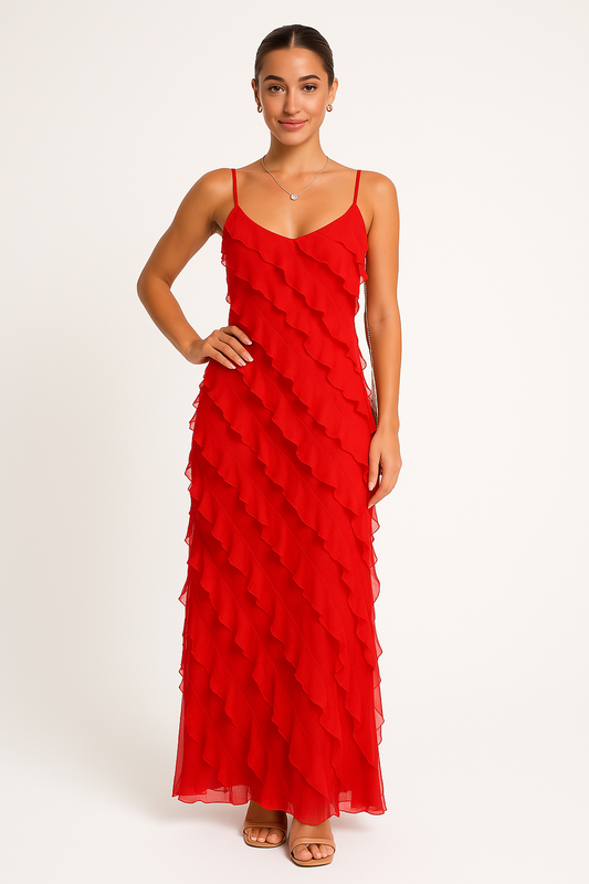 Robe longue femme – Coupe ajustée – Bretelles fines – Détail volants – Tissu fluide