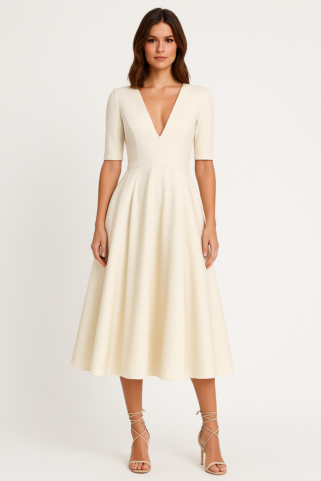 Robe midi femme – Tissu satiné – Coupe cintrée – Jupe évasée – Col en V – Manches 3/4