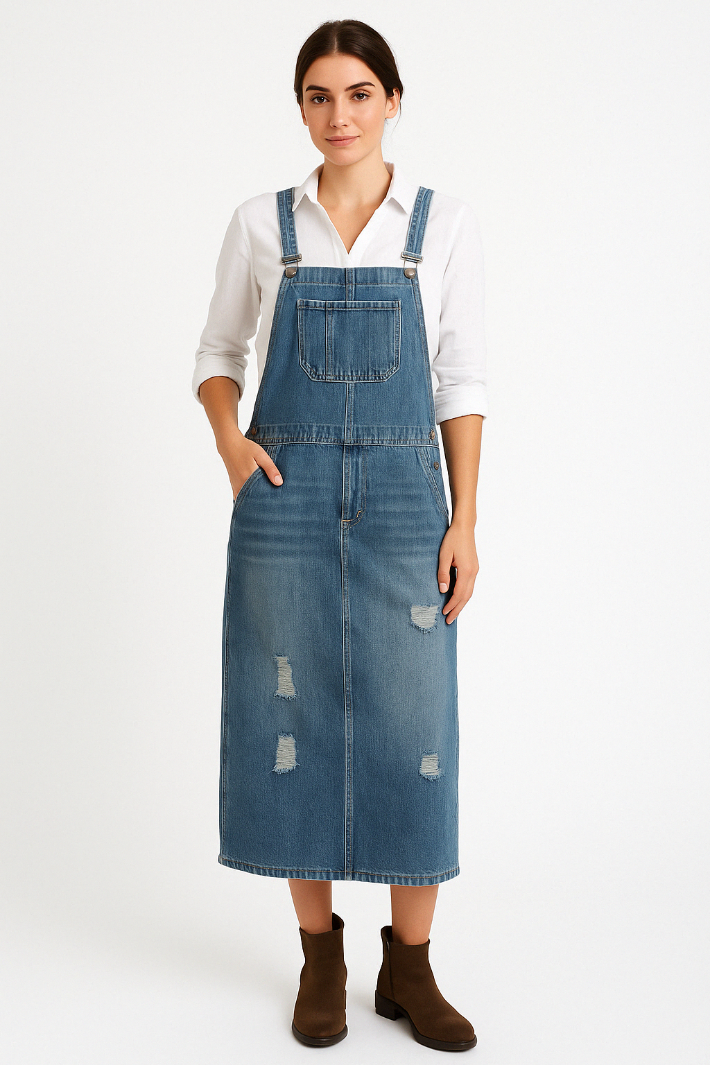 Robe en jean femme – Coupe décontractée – Bretelles réglables – Détails usés – Longueur midi