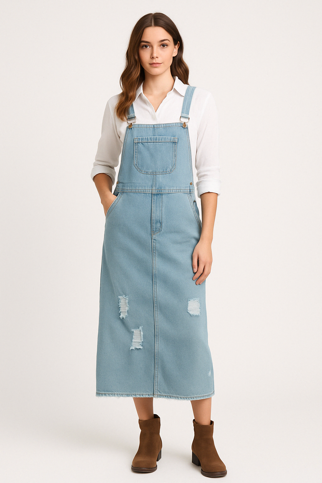 Robe en jean femme – Coupe décontractée – Bretelles réglables – Détails usés – Longueur midi