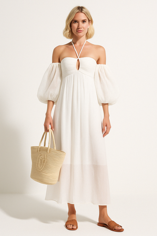 Robe longue femme – Épaules dénudées – Manches bouffantes – Détail découpé – Coupe fluide