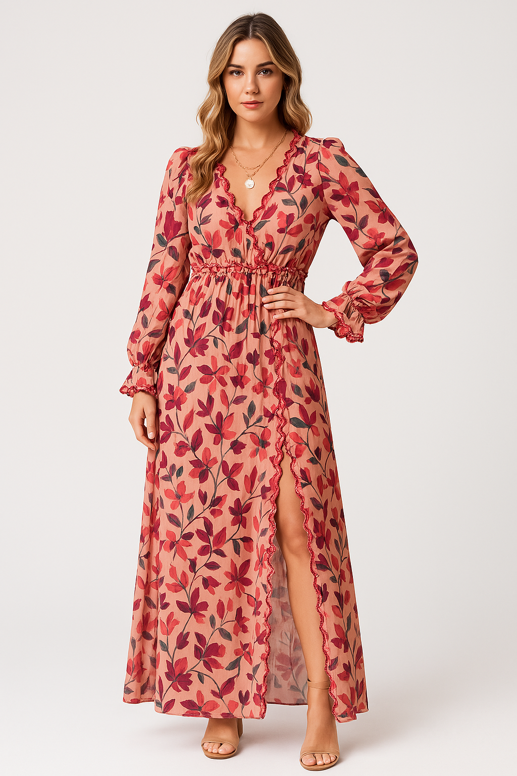 Robe longue femme – Chiffon léger – Imprimé fleuri – Col V – Manches longues