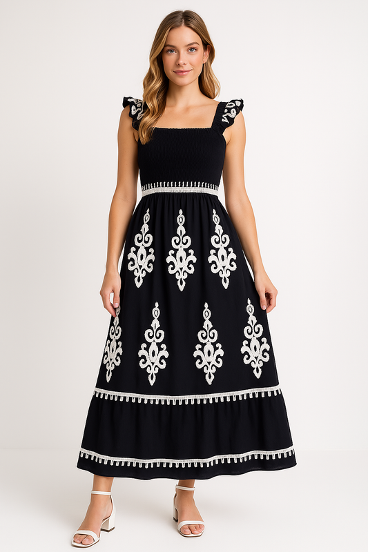 Robe longue femme – Coton léger – Imprimé bohème – Bretelles fines – Coupe ample