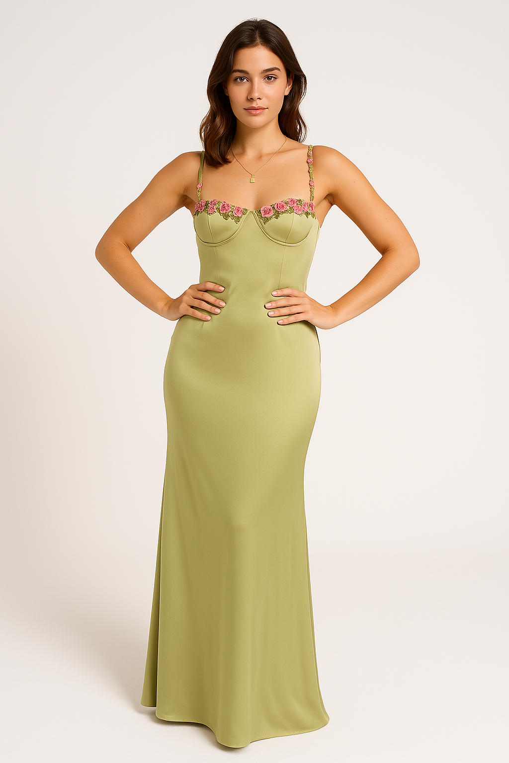 Robe longue femme – Satin lisse – Coupe ajustée – Décolleté cœur dentelle florale