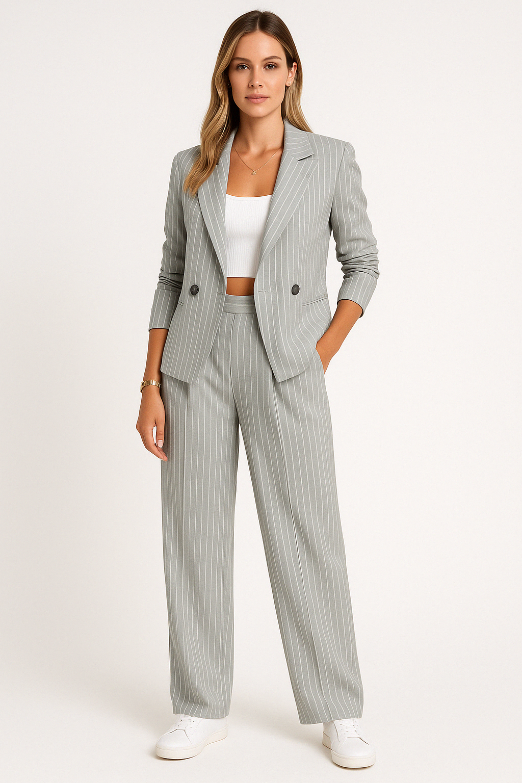 Tailleur Femme – Blazer Cintré Double Boutonnage – Pantalon Large Taille Haute