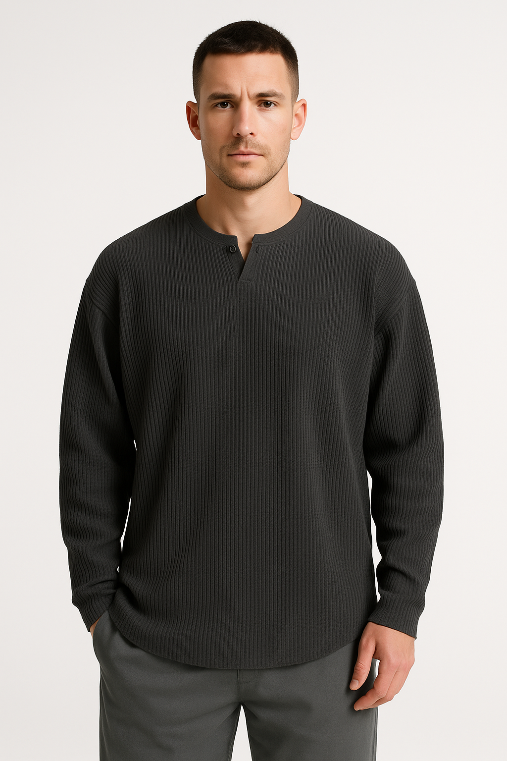 T-shirt manches longues homme – Maille côtelée – Coupe décontractée – Col en V