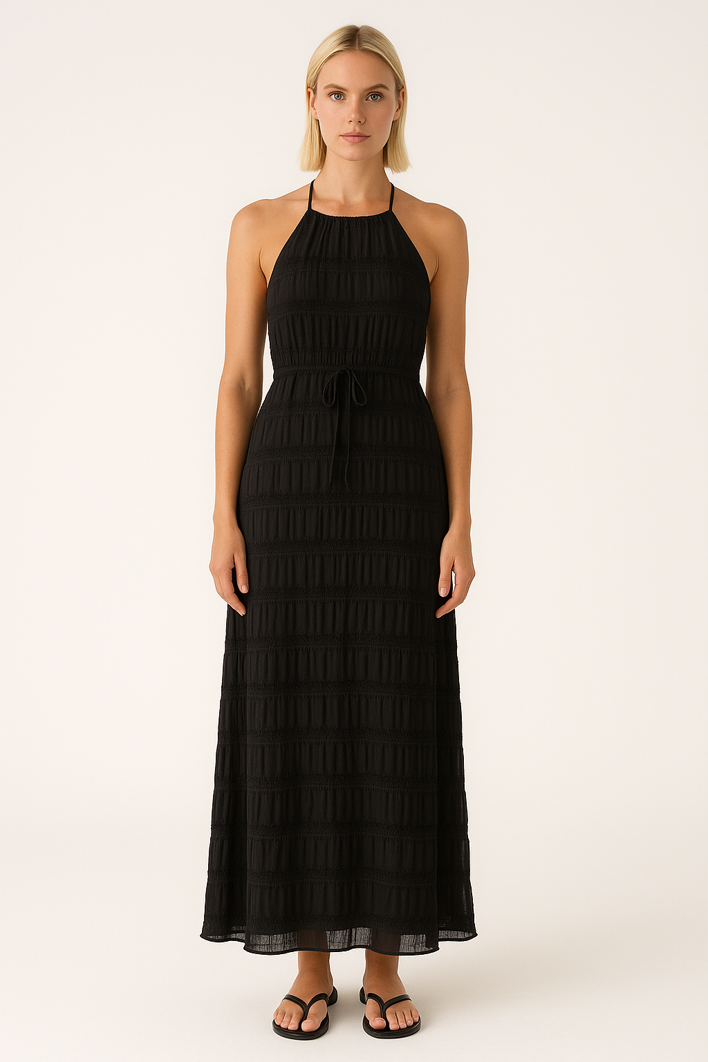 Robe longue femme – Col halter – Taille cintrée – Dentelle – Tissu fluide léger