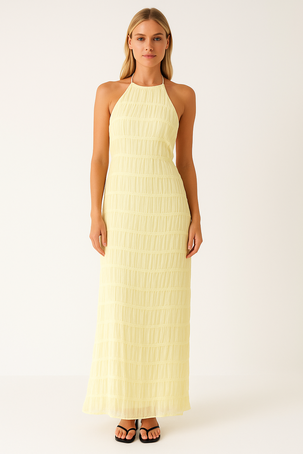 Robe longue femme – Col halter – Taille cintrée – Dentelle – Tissu fluide léger