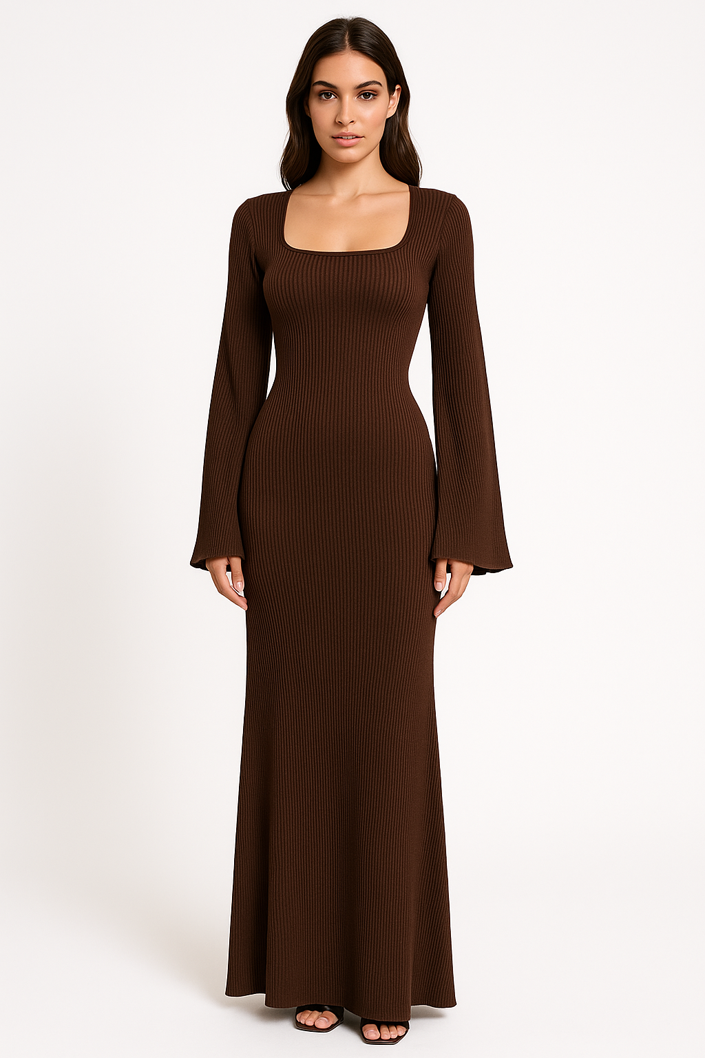 Robe femme manches longues – Maille côtelée – Coupe sirène – Décolleté carré