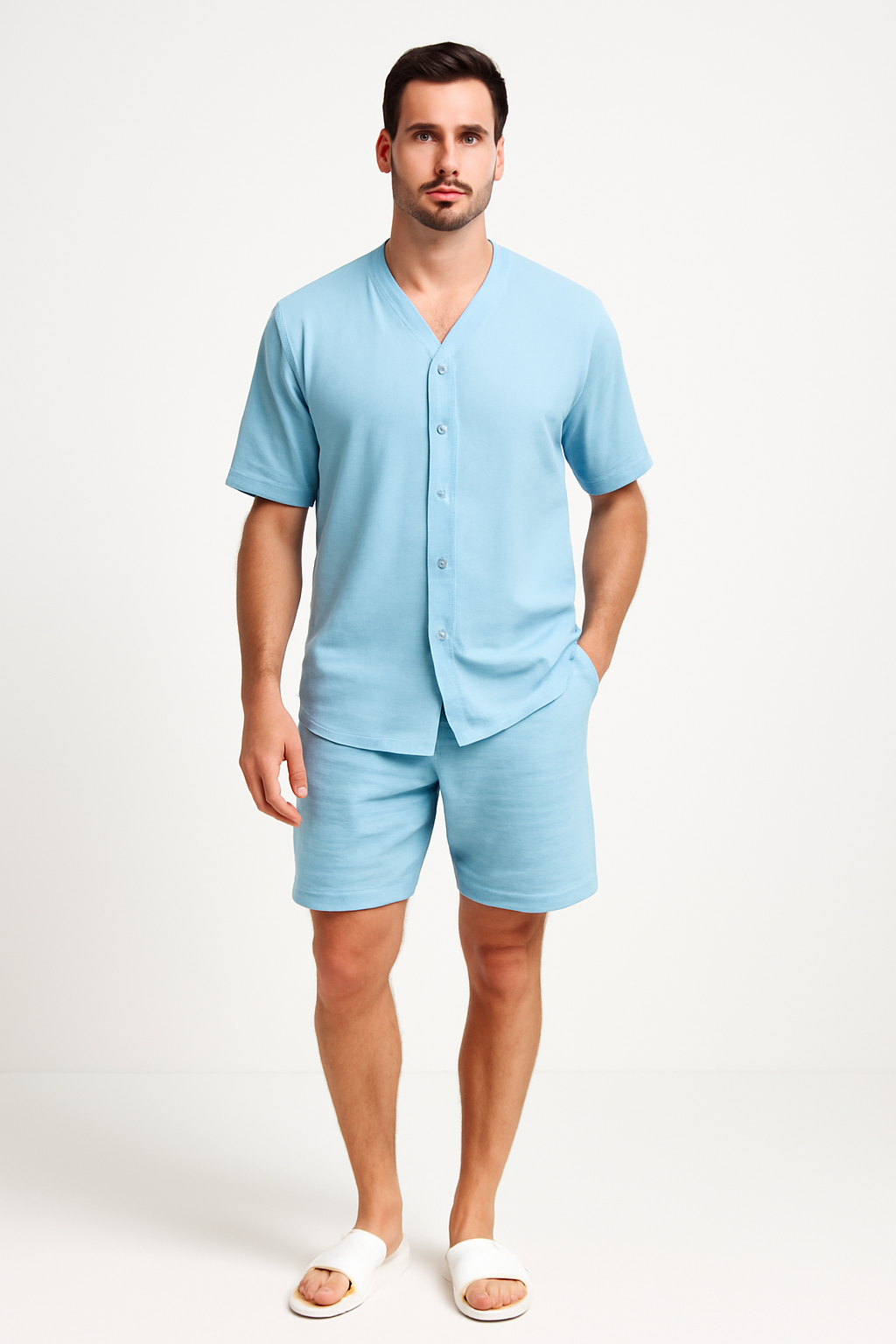 Ensemble deux pièces homme – Coton respirant – Chemise col V boutonnée – Coupe décontractée