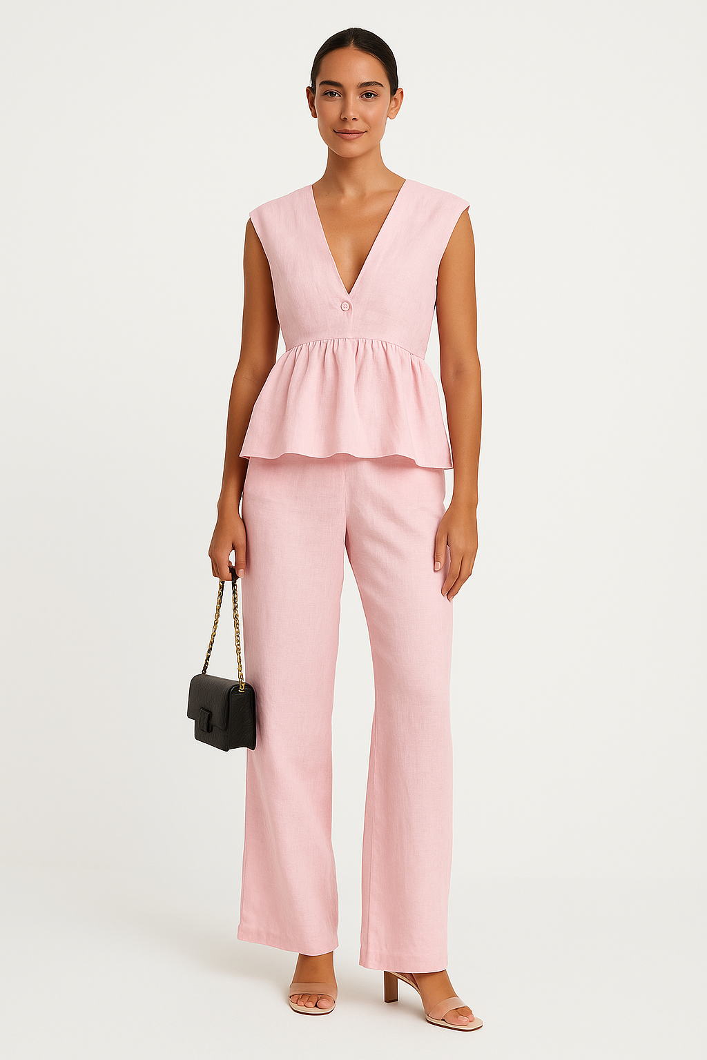 Ensemble deux pièces femme – Haut péplum sans manches col V – Pantalon fluide long