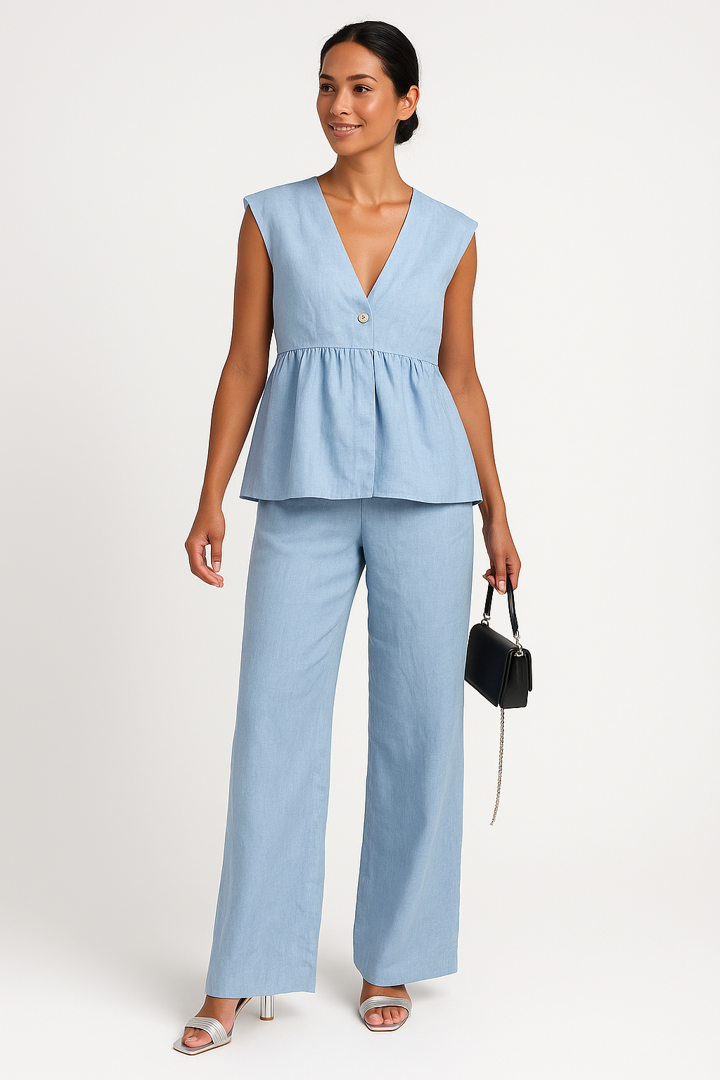 Ensemble deux pièces femme – Haut péplum sans manches col V – Pantalon fluide long