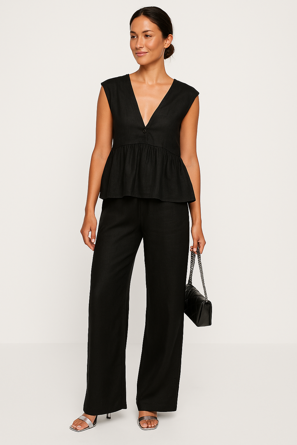 Ensemble deux pièces femme – Haut péplum sans manches col V – Pantalon fluide long